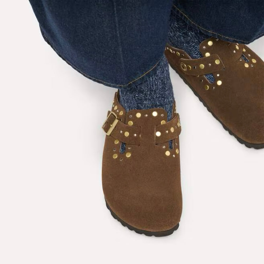 Model view of Birkenstock Boston Rivets Suede Clog for women.