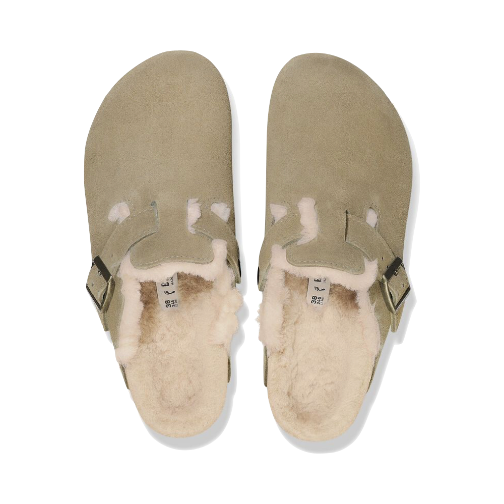 Top-down view of Birkenstock Boston Shearling Suede Leather Clog for women.