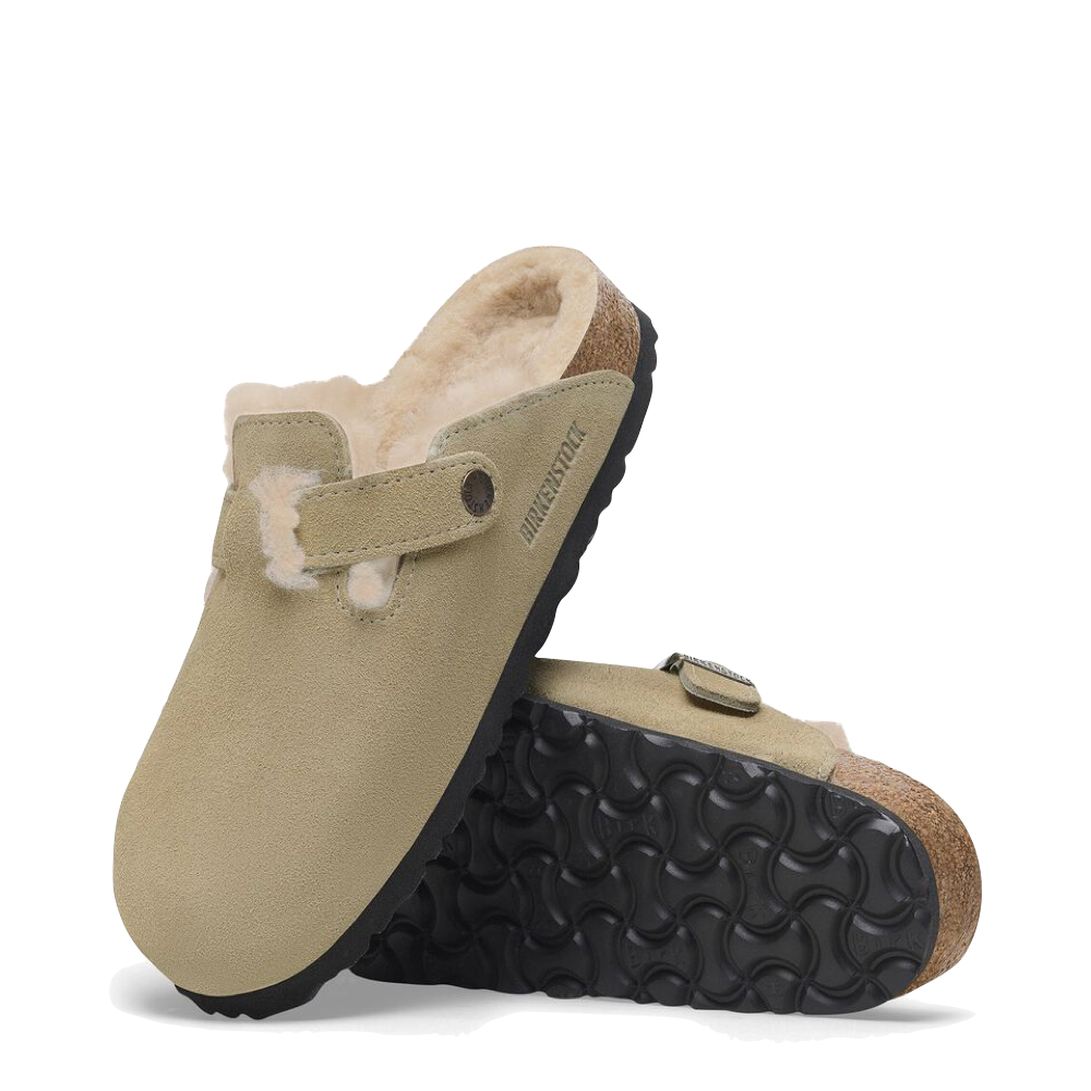Side and Bottom view of Birkenstock Boston Shearling Suede Leather Clog for women.