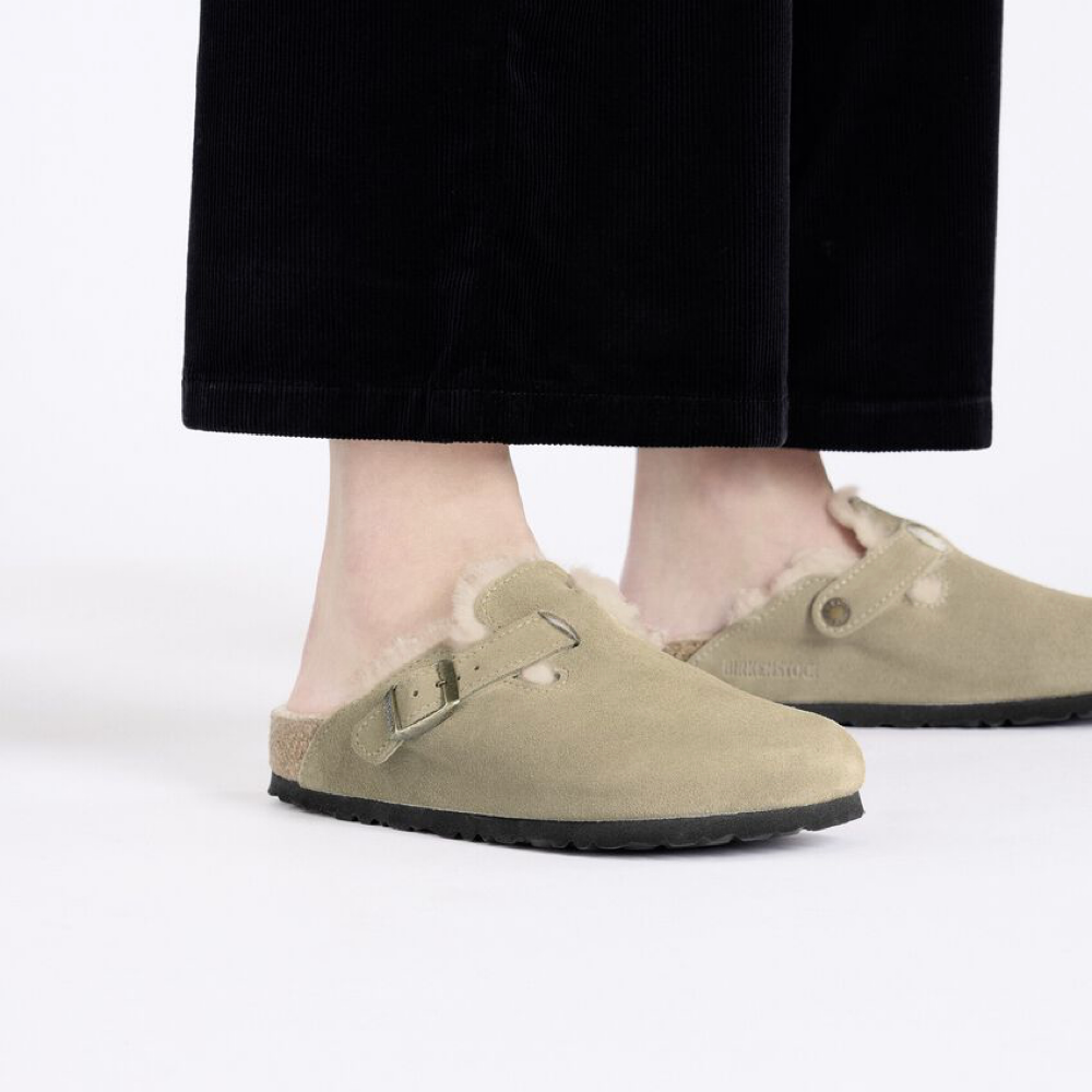Model view of Birkenstock Boston Shearling Suede Leather Clog for women.