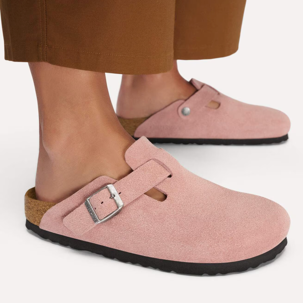 Model view of Birkenstock Boston Suede Leather Clog for women.