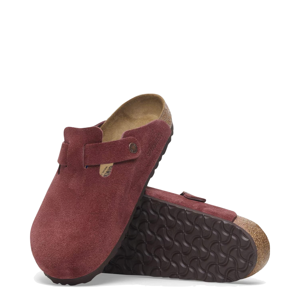 Top-down and bottom view of Birkenstock Boston Suede Leather Clog for women.