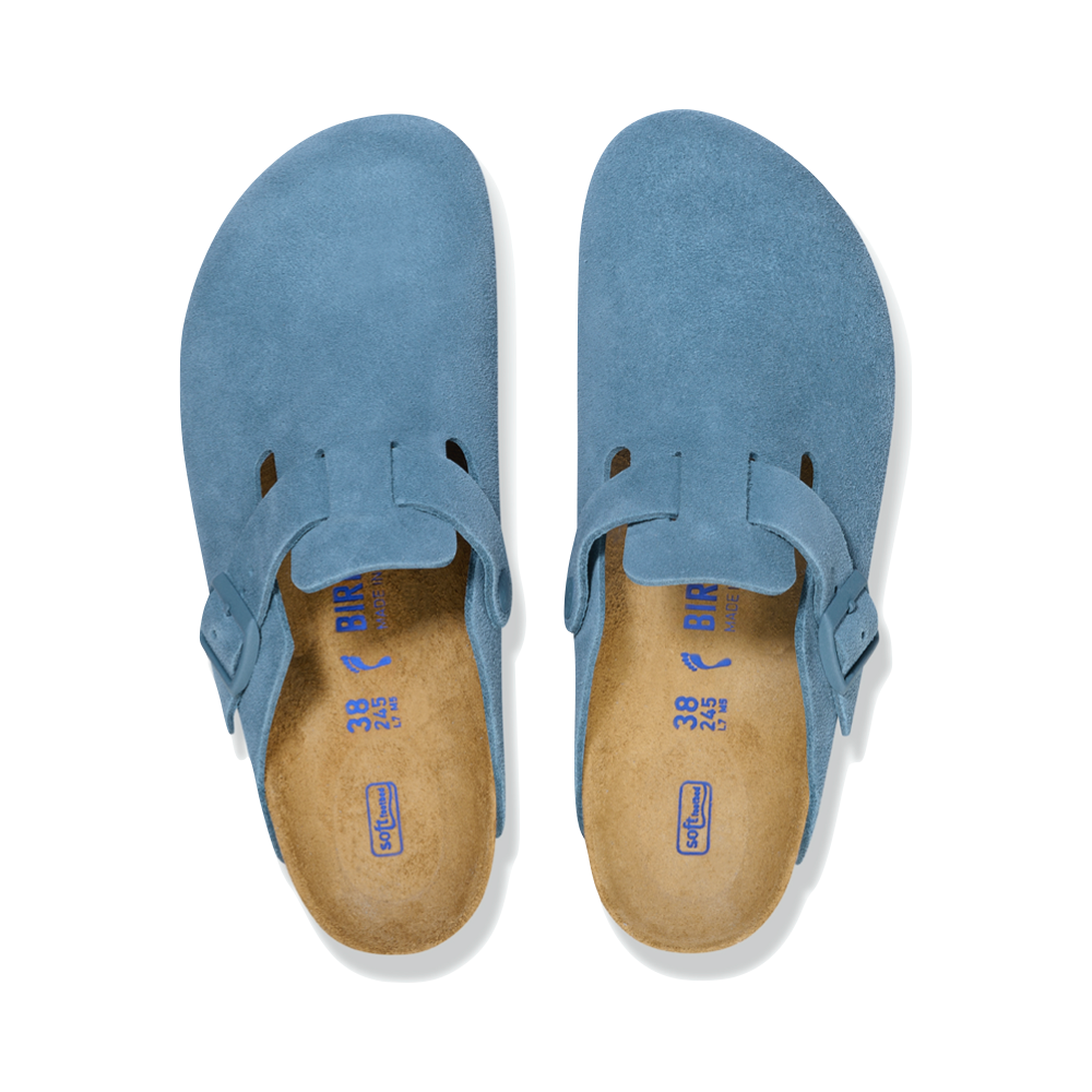 Top-down view of Birkenstock Boston Suede Leather Soft Footbed Clog for women.