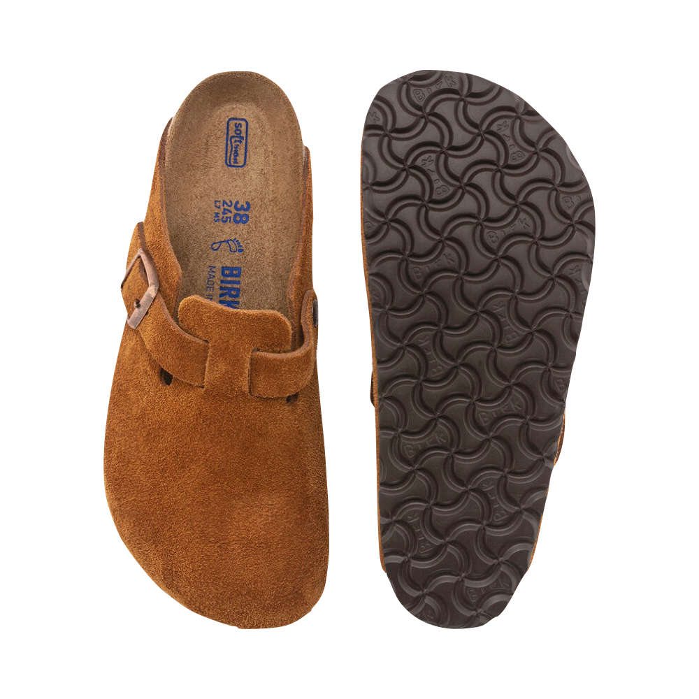 Top-down and bottom view of Birkenstock Boston Suede Leather Soft Footbed Clog for women.