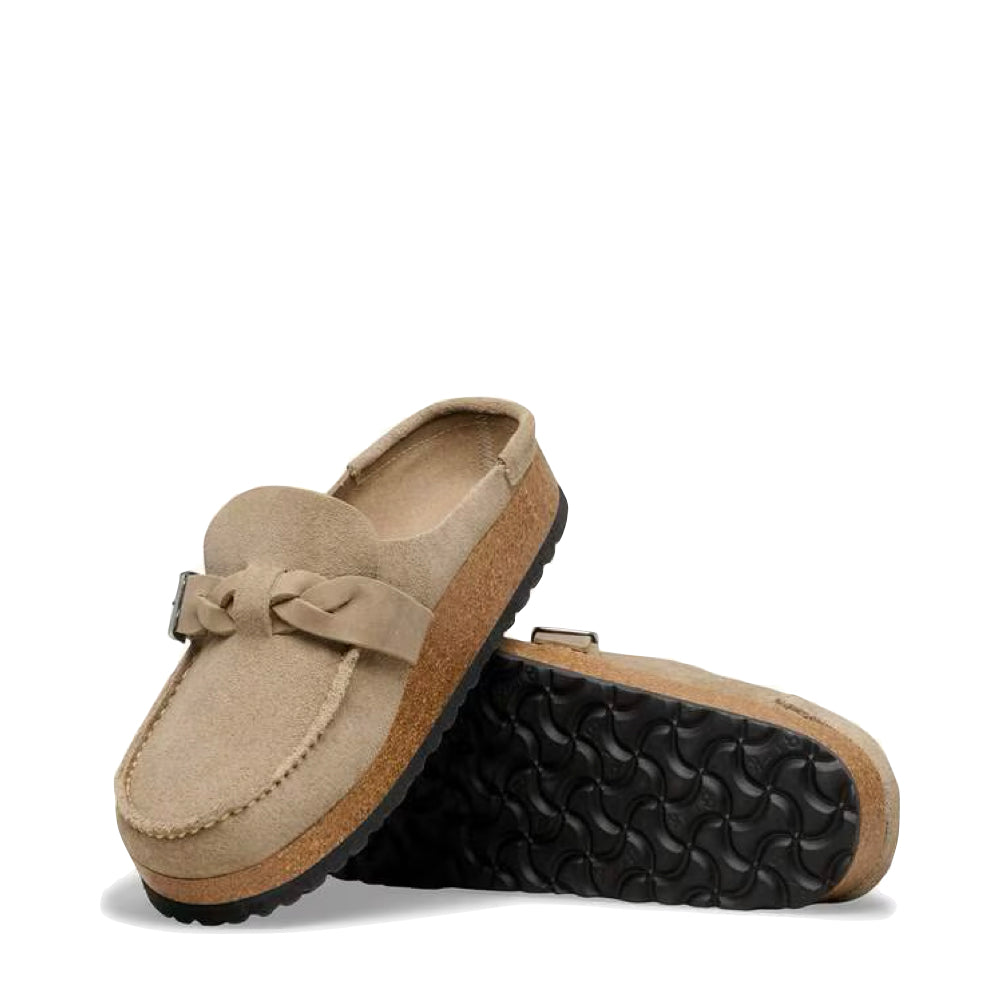 Side and bottom view of Birkenstock Buckley Braided Slip On Clog for women.