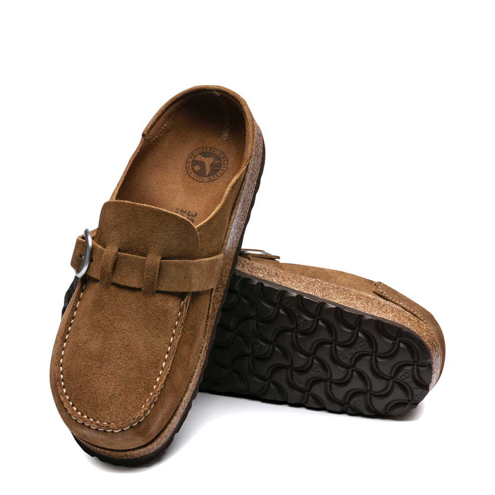 Top-down and bottom view of Birkenstock Buckley Suede Clog for women.