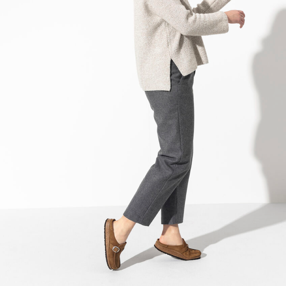 Model view of Birkenstock Buckley Suede Clog for women.