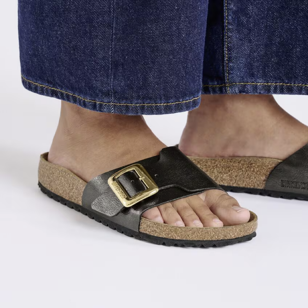 Model view of Birkenstock Catalina Luxe Buckle Birko-Flor Sandal for women.