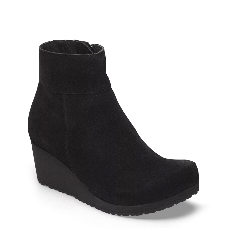 Toe view of Birkenstock Ebba Suede Leather Side Zip Wedge Boot for women.