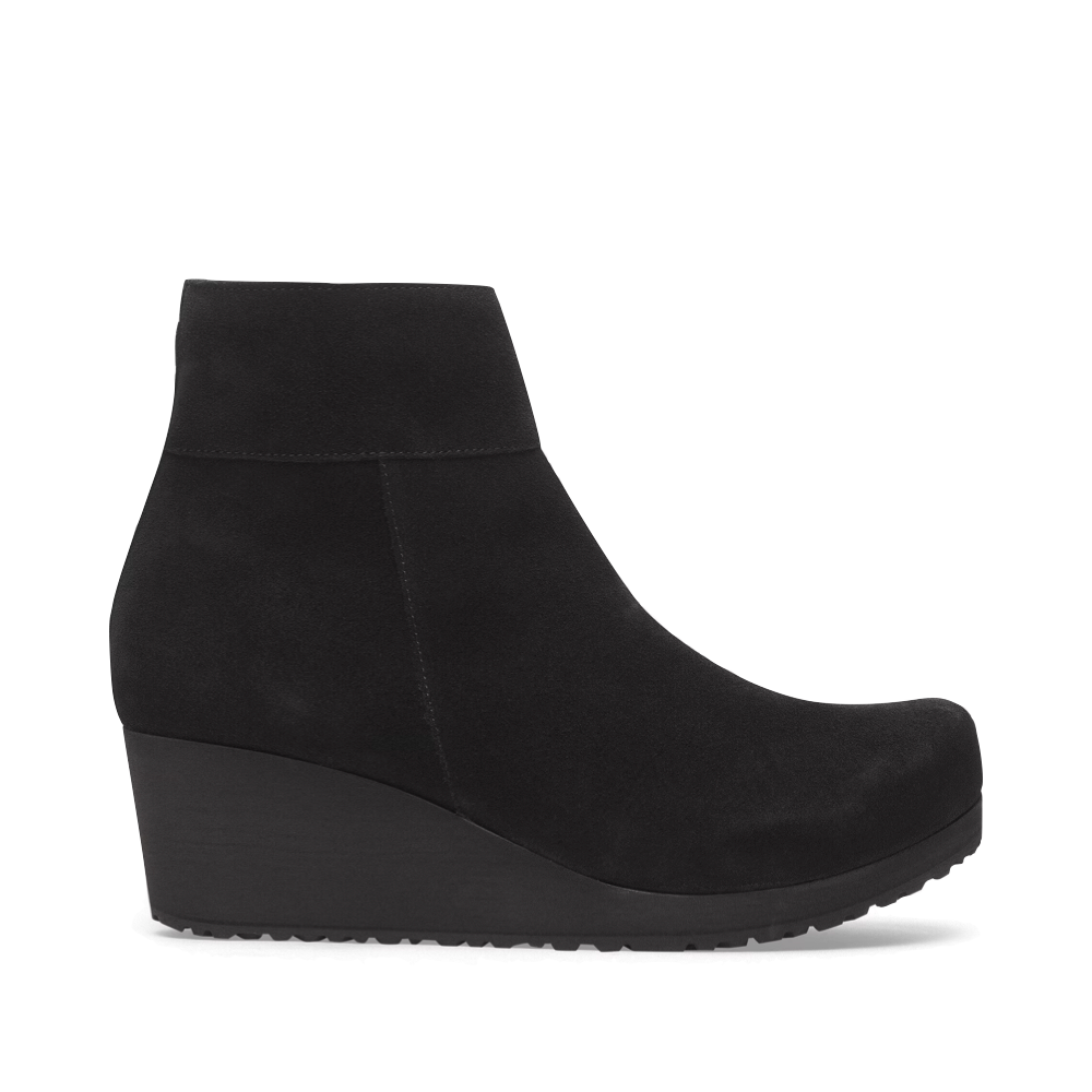 Side (right) view of Birkenstock Ebba Suede Leather Side Zip Wedge Boot for women.