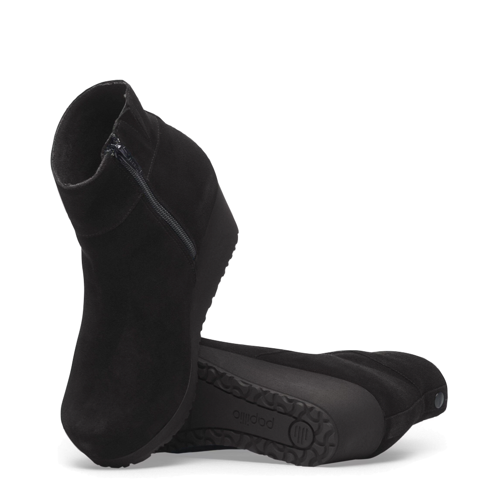 Top-down and bottom view of Birkenstock Ebba Suede Leather Side Zip Wedge Boot for women.