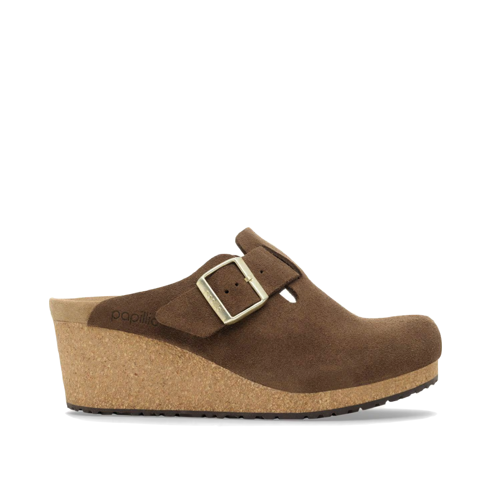 Side (right) view of Birkenstock Fanny Suede Leather Slip On Wedge for women.