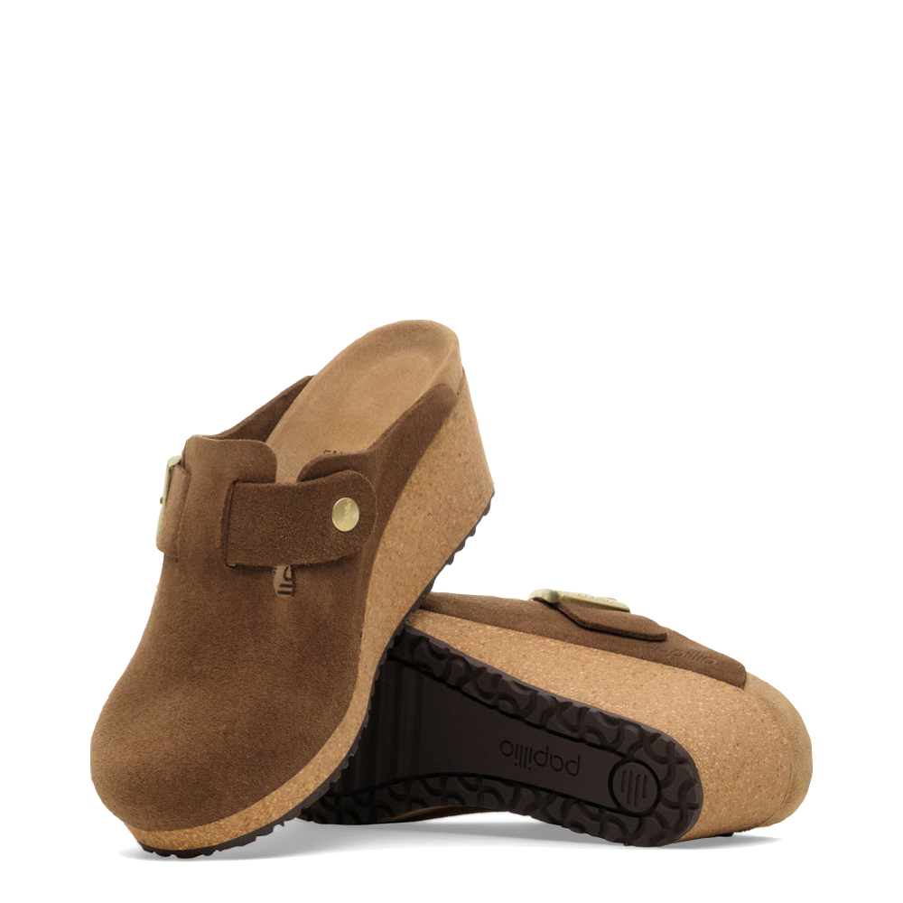 Top-down and bottom view of Birkenstock Fanny Suede Leather Slip On Wedge for women.