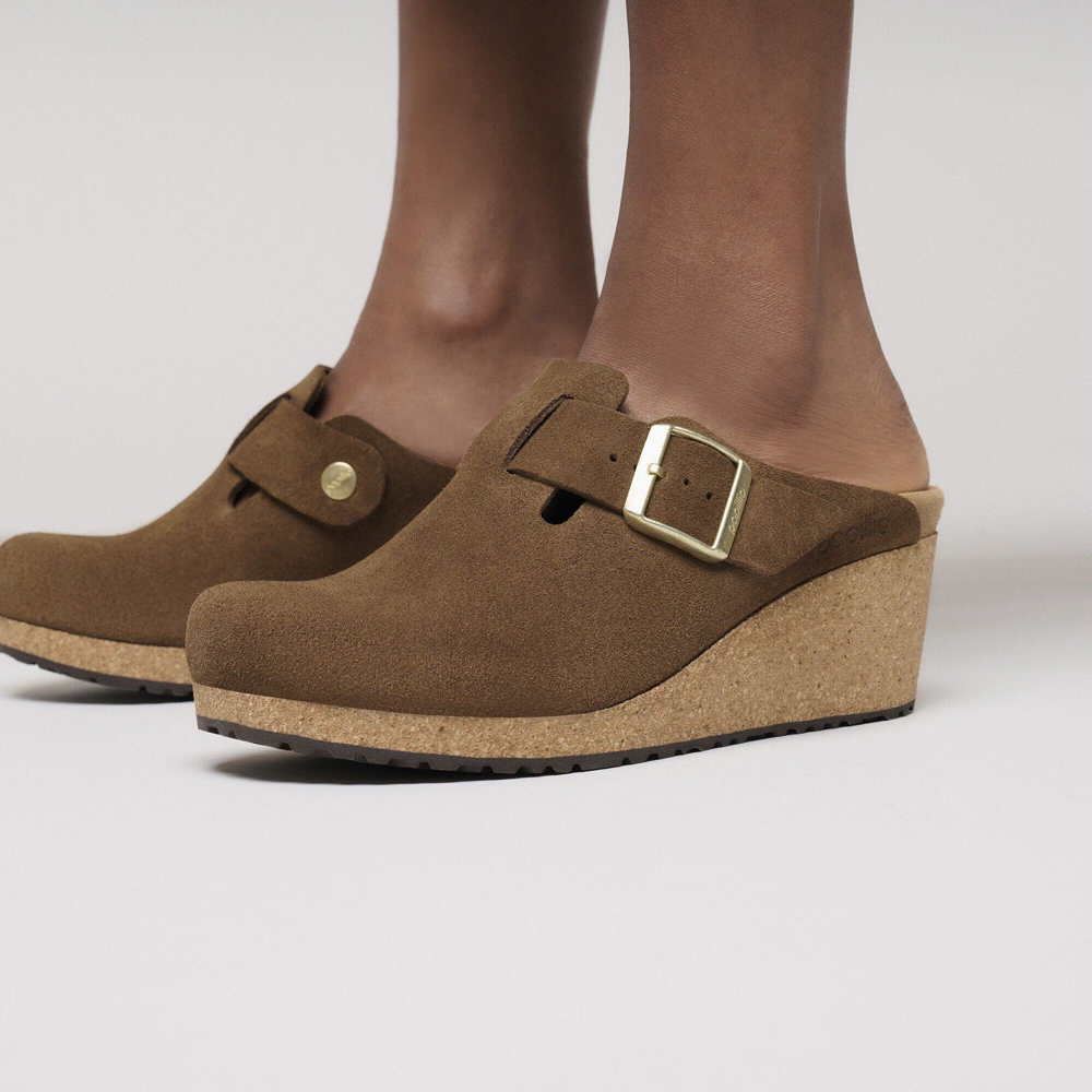 Model view of Birkenstock Fanny Suede Leather Slip On Wedge for women.