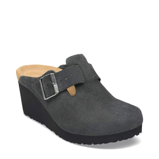Toe view of Birkenstock Fanny Suede Wedge Clog for women.