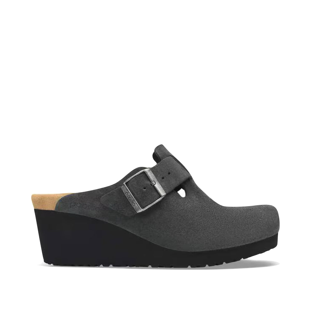 Side (right) view of Birkenstock Fanny Suede Wedge Clog for women.