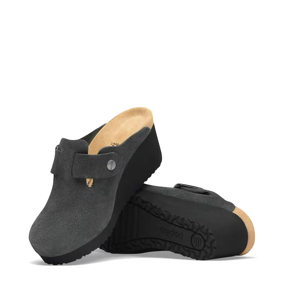 Side and bottom view of Birkenstock Fanny Suede Wedge Clog for women.