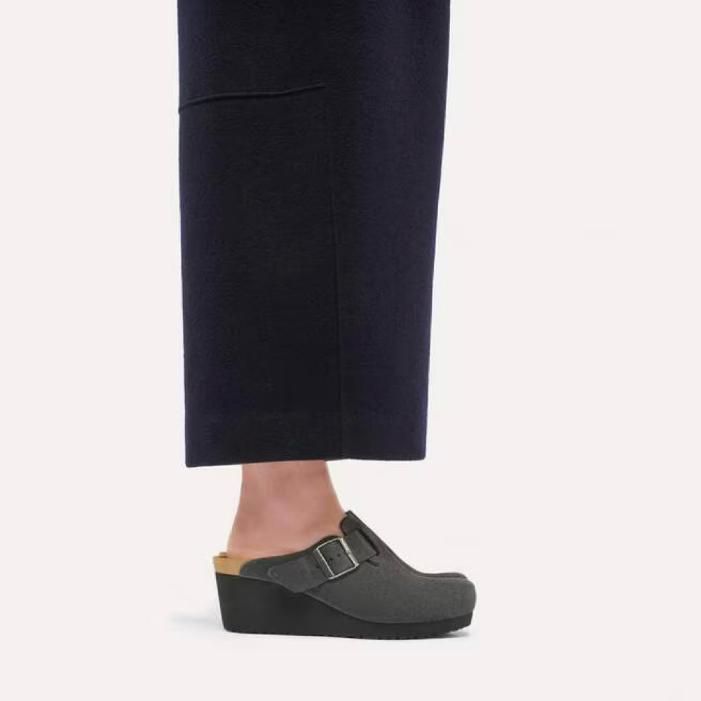 Model view of Birkenstock Fanny Suede Wedge Clog for women.