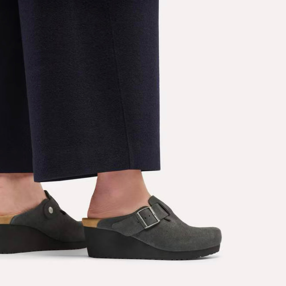 Model view of Birkenstock Fanny Suede Wedge Clog for women.