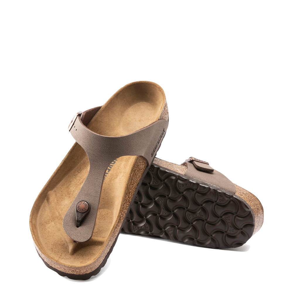 Top-down and bottom view of Birkenstock Gizeh Birkibuc Thong Sandal for women.