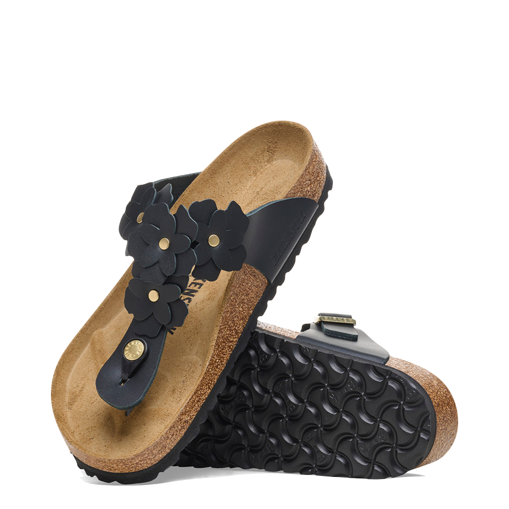 Top-down and bottom view of Birkenstock Gizeh Flowers Leather Sandal for women.
