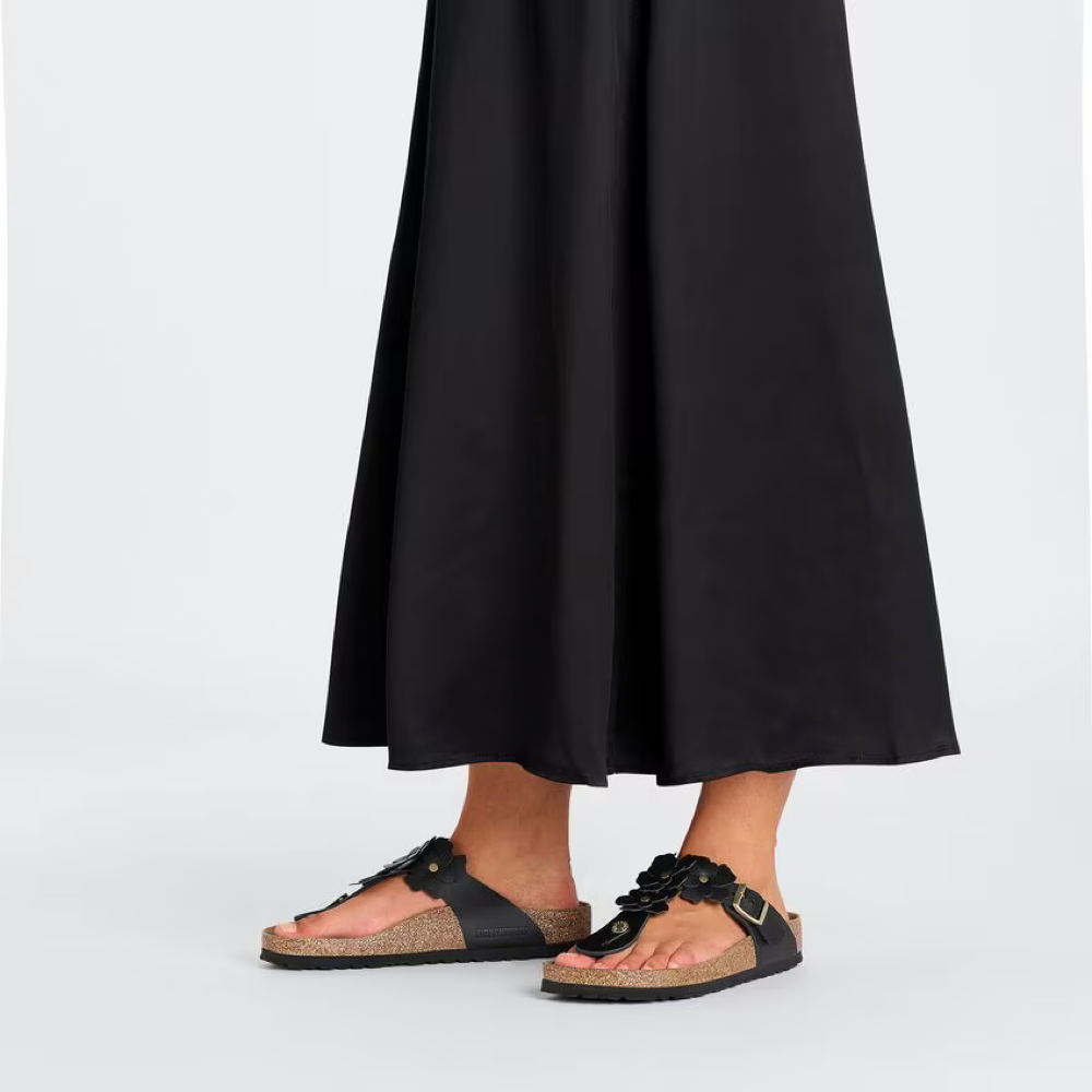 Model view of Birkenstock Gizeh Flowers Leather Sandal for women.