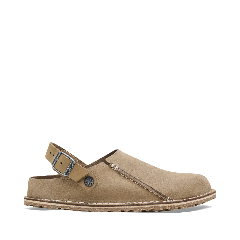 Side (right) view of Birkenstock Lutry Premium Suede Leather Clog for women.
