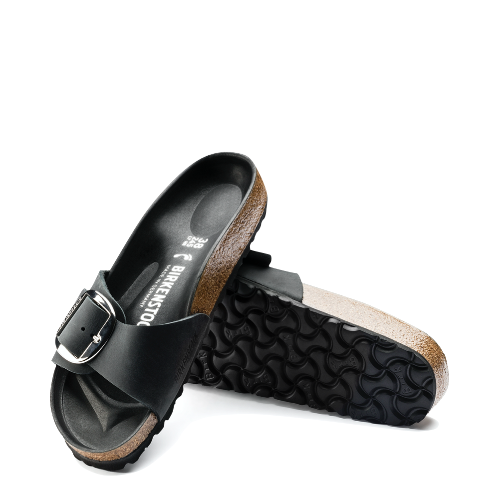 Top-down and bottom view of Birkenstock Madrid Big Buckle Oiled Leather Sandal for women.