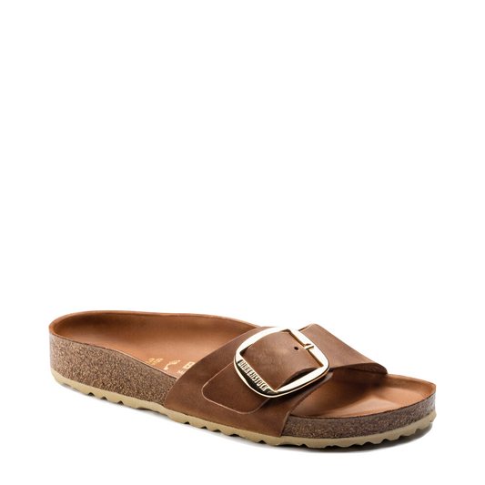 Side (right) view of Birkenstock Madrid Big Buckle Oiled Leather Sandal for women.