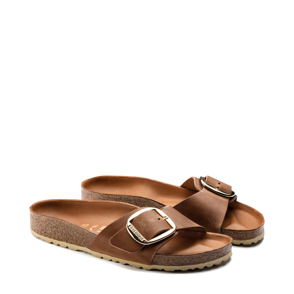 Side (right) view of Birkenstock Madrid Big Buckle Oiled Leather Sandal for women.