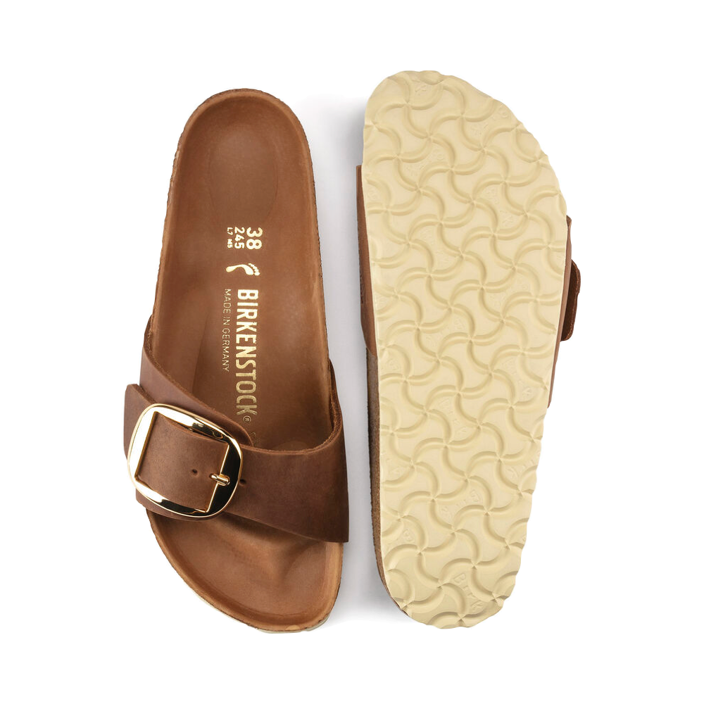 Birkenstock Women's Madrid Big Buckle Oiled Leather Sandal in Cognac