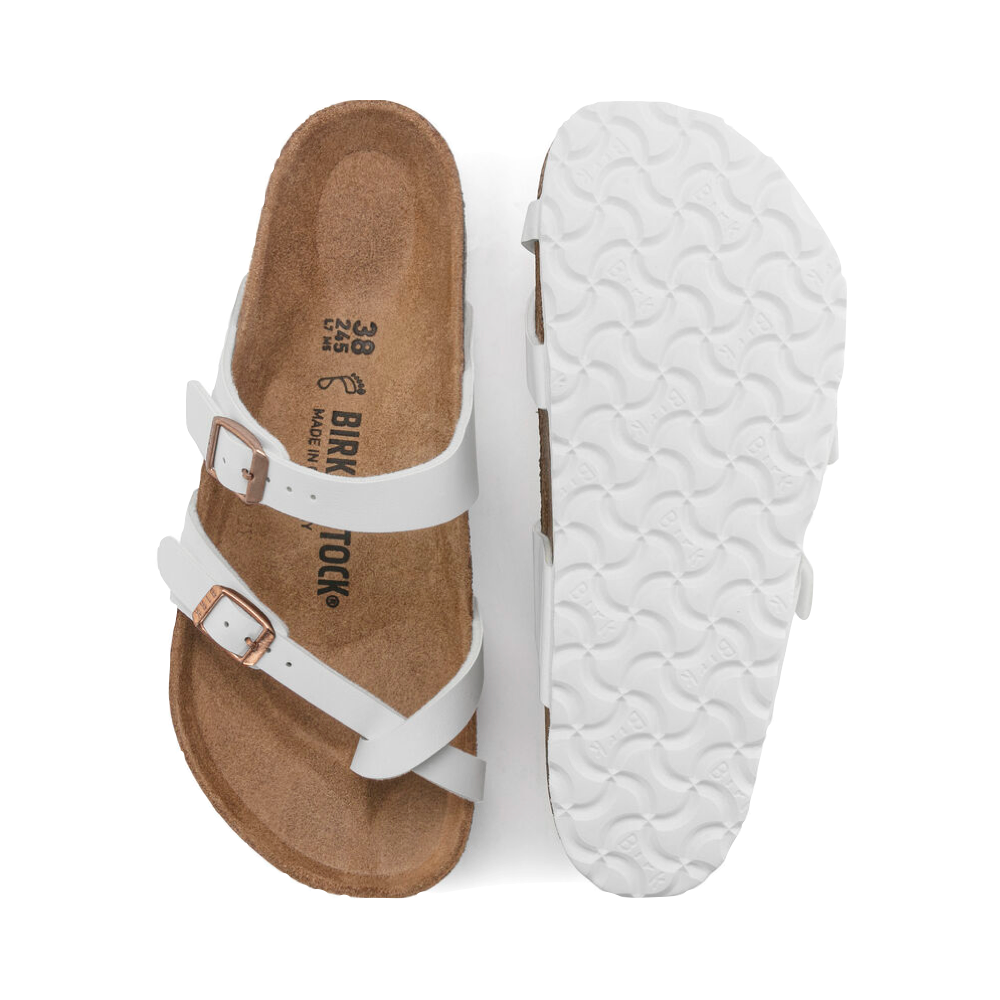 Top-down and bottom view of Birkenstock Mayari Birko-Flor Toe Loop Sandal for women.