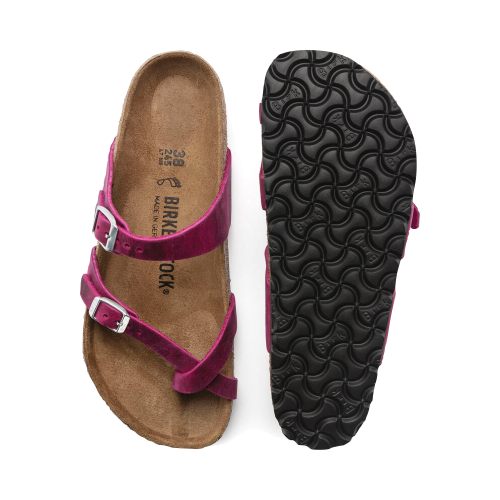 Top-down and bottom view of Birkenstock Mayari Leather Toe Loop Sandal for women.
