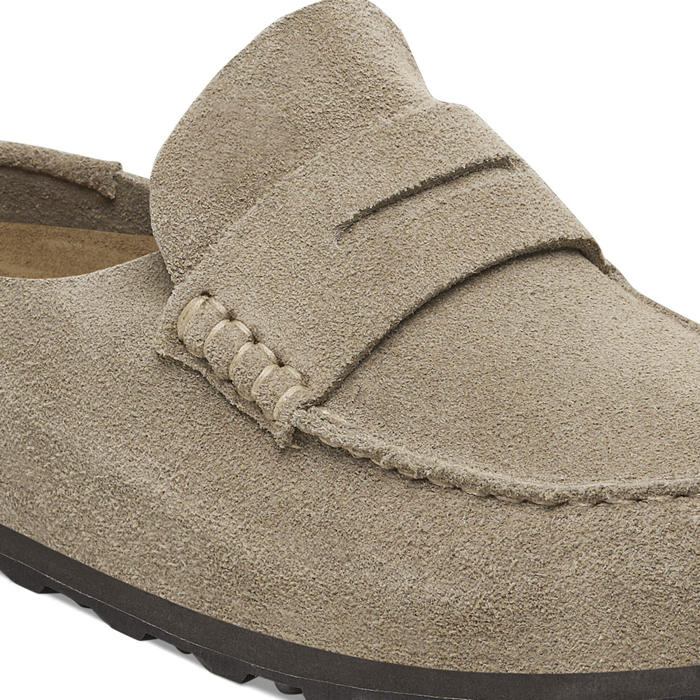 Detail view of Birkenstock Naples 2.0 Wrapped Suede Leather Loafer Clog for women.