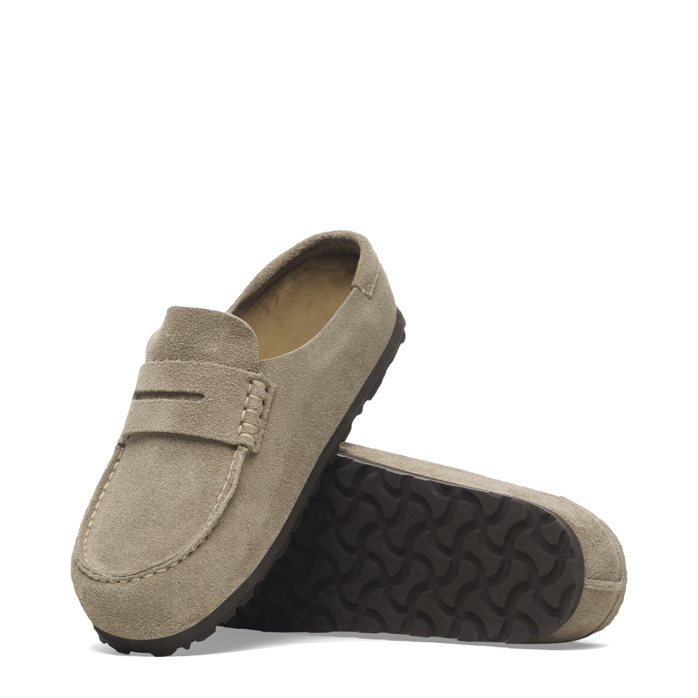Top-down and bottom view of Birkenstock Naples 2.0 Wrapped Suede Leather Loafer Clog for women.