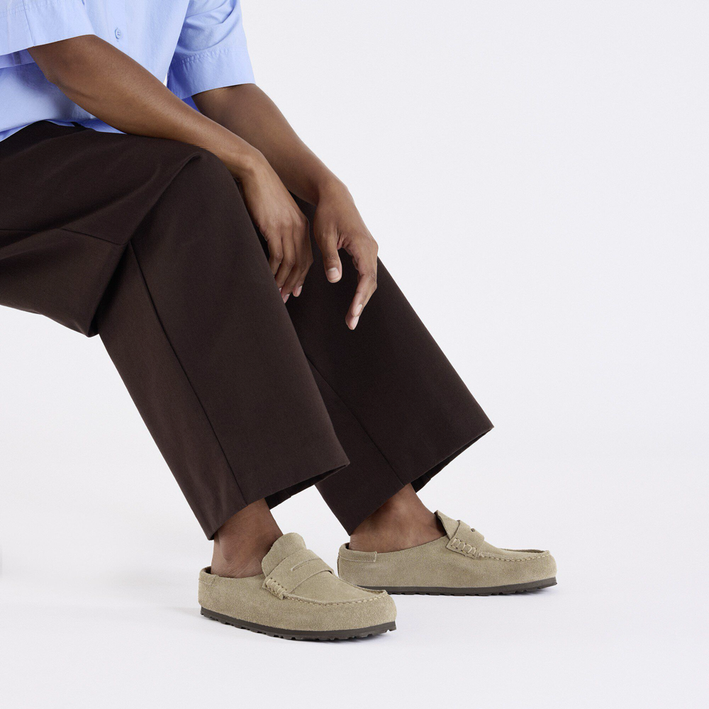 Model view of Birkenstock Naples 2.0 Wrapped Suede Leather Loafer Clog for women.