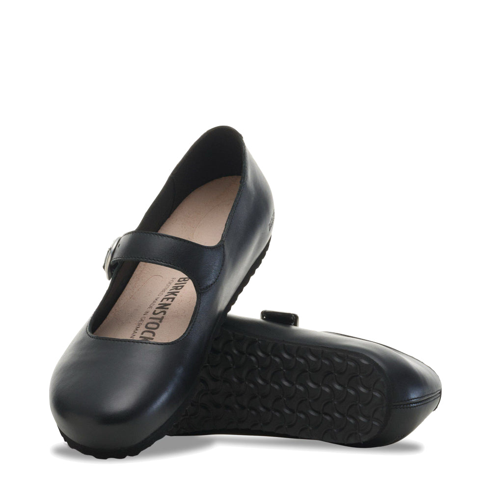 Top-down and bottom view of Birkenstock Santa Clarita Smooth Leather Mary Jane for women.
