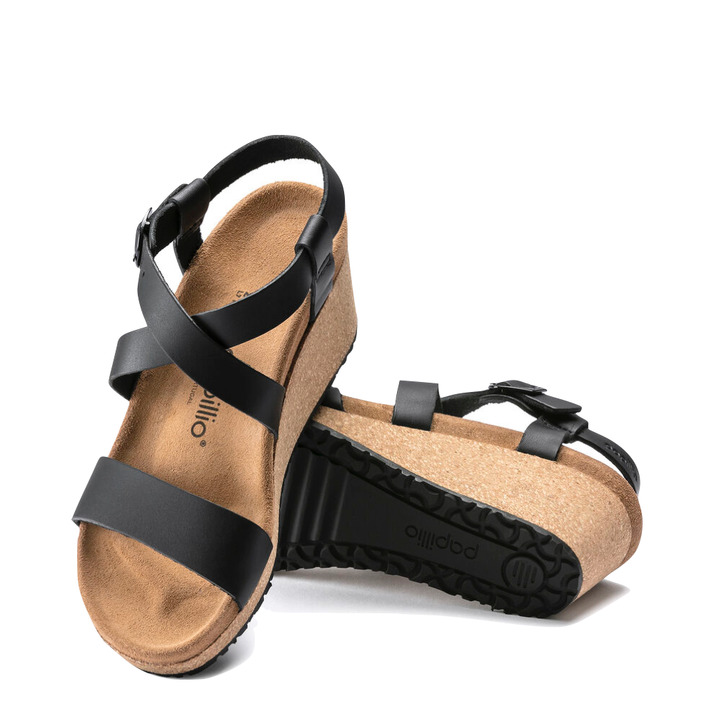Top-down and bottom view of Birkenstock Sibyl Smooth Leather Wedge Sandal for women.