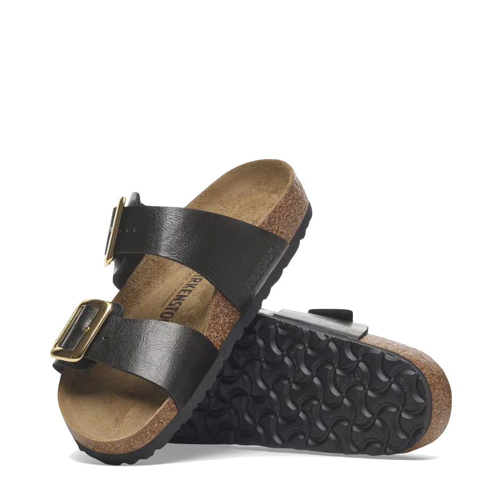 Top-down and bottom view of Birkenstock Sydney Luxe Buckle Birko-Flor Sandal for women.