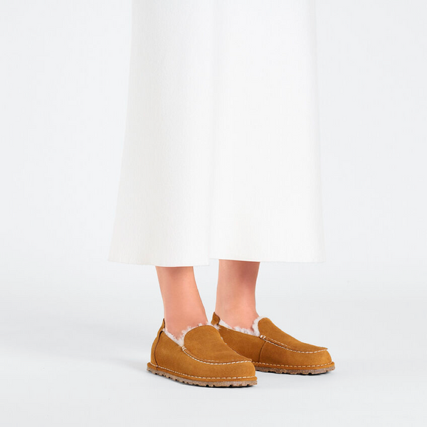 Birkenstock Women's Utti Slip On Shearling Lined Moccasin Slipper in Mink Suede