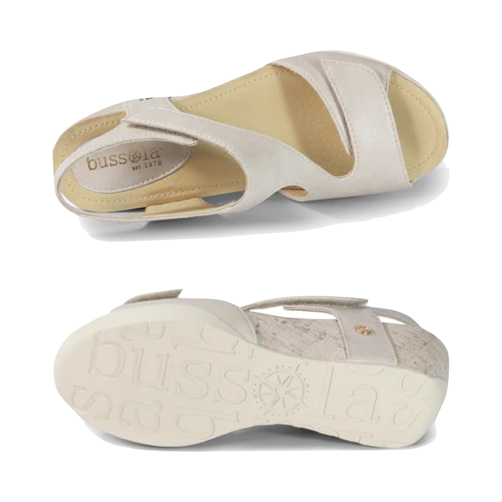 Top-down and Bottom view of Bussola Nicky Platform Wedge Sandal for women.