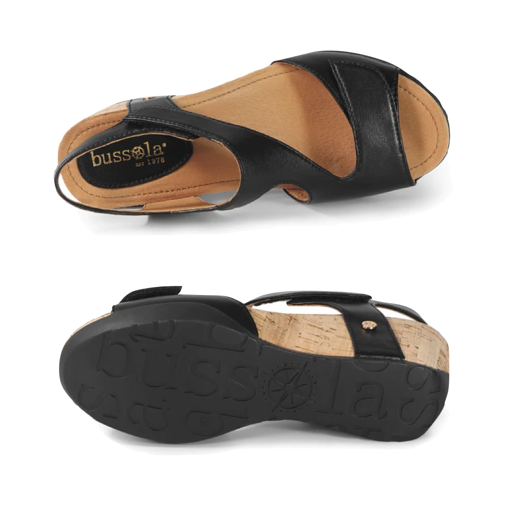 Top-down and Bottom view of Bussola Nicky Platform Wedge Sandal for women.