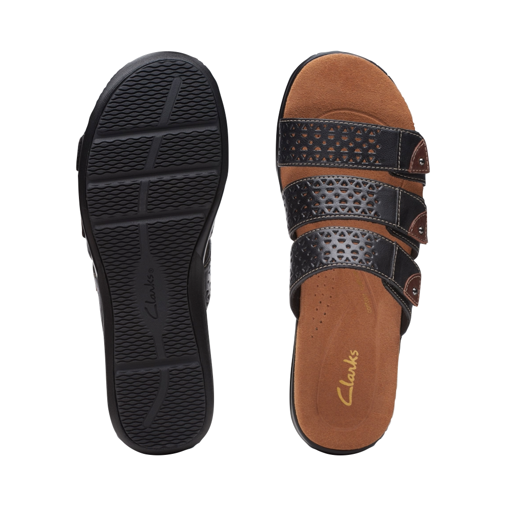 Top-down and bottom view of Clarks Kitly Walk Slide Sandal for women.