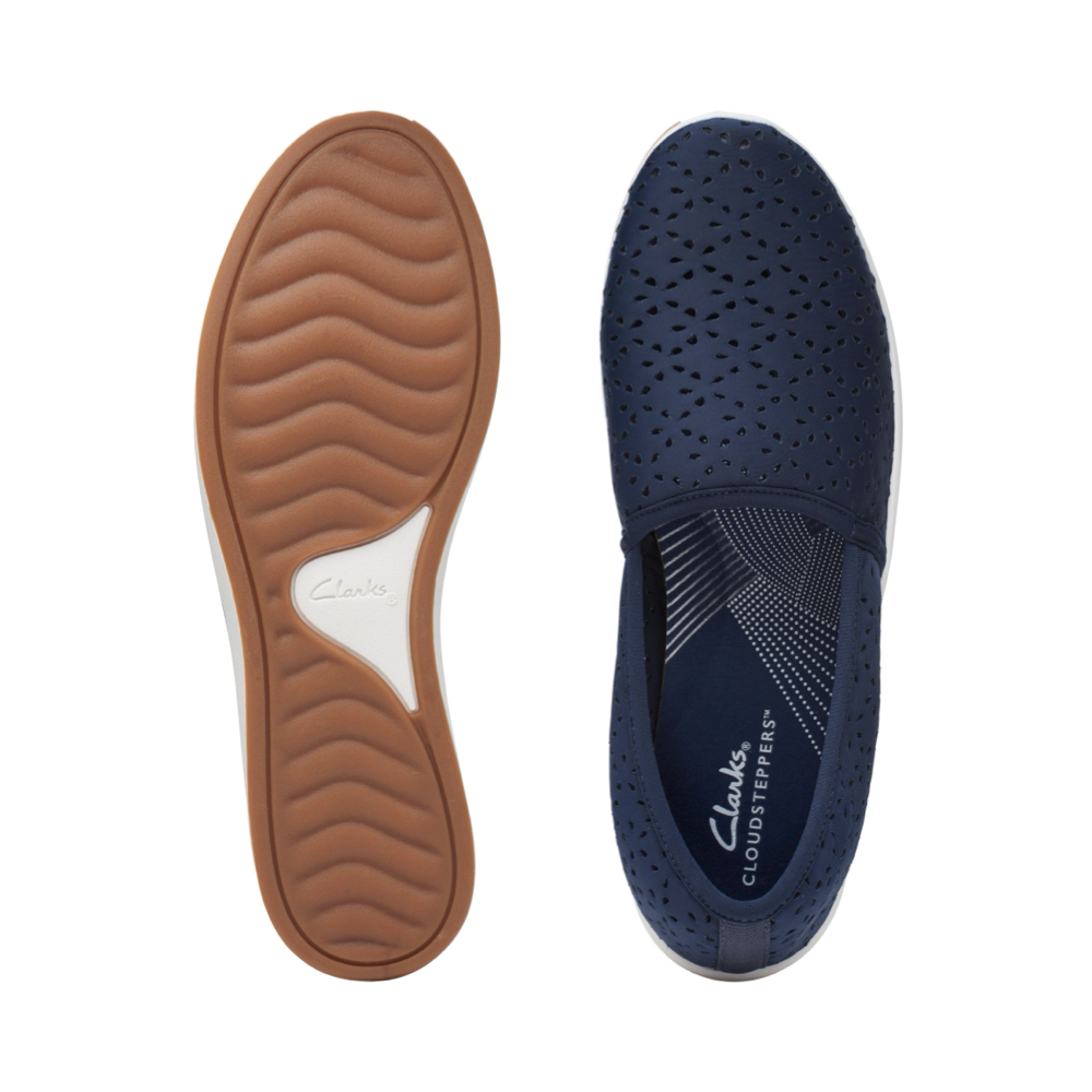 Top-down and bottom view of Clarks Breeze Emily Perfed Slip On for women.