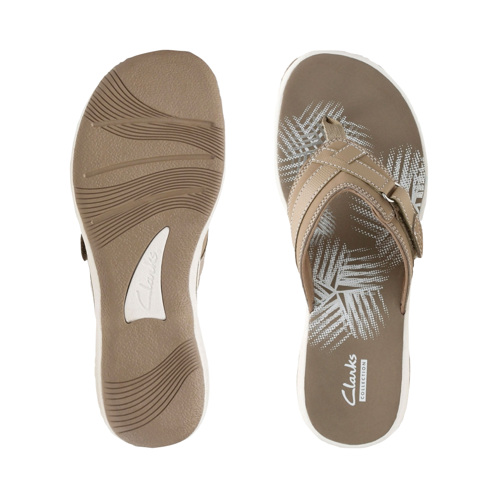 Top-down and bottom view of Clarks Breeze Sea 2 Flip Thong Sandal for women.