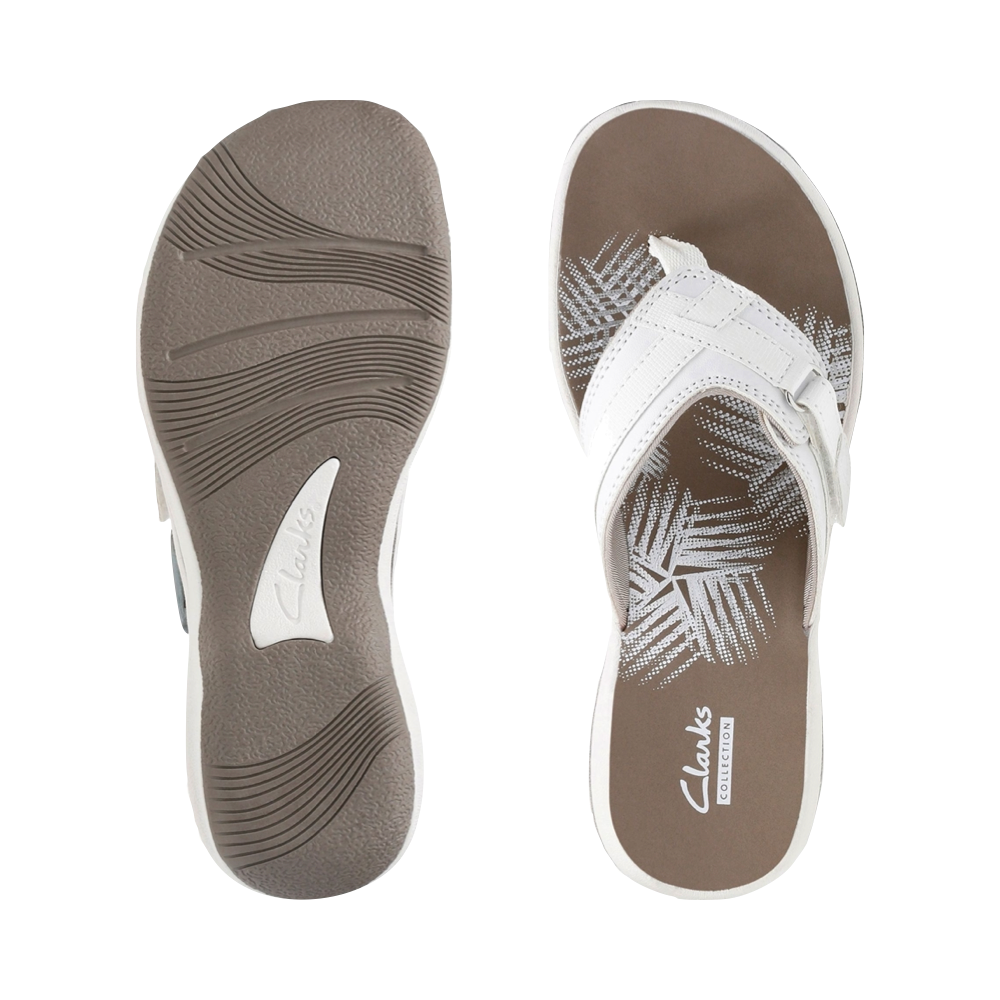 Top-down and bottom view of Clarks Breeze Sea 2 Flip Thong Sandal for women.