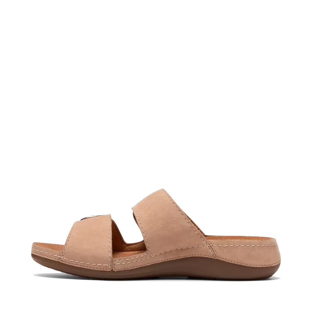 Side (left) view of Clarks Cecily Step Slide Sandal for women.