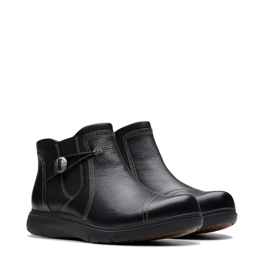 Mudguard and Toe view of Clarks Certina Joy Leather Side Zip Ankle Boot for women.
