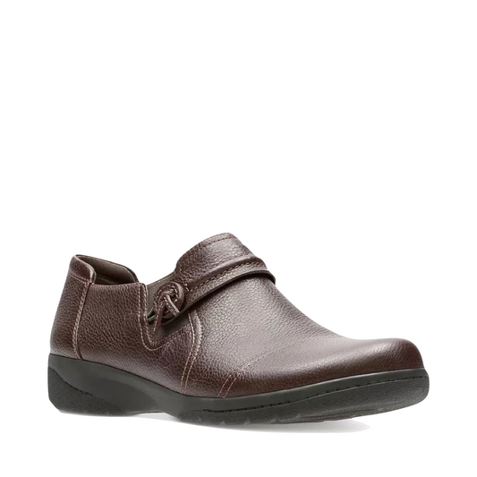 Mudguard and Toe view of Clarks Cheyn Madi Leather Slip On for women.