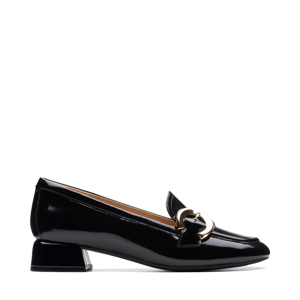 Clarks Women's Daiss30 Trim Heeled Leather Loafer in Black Patent